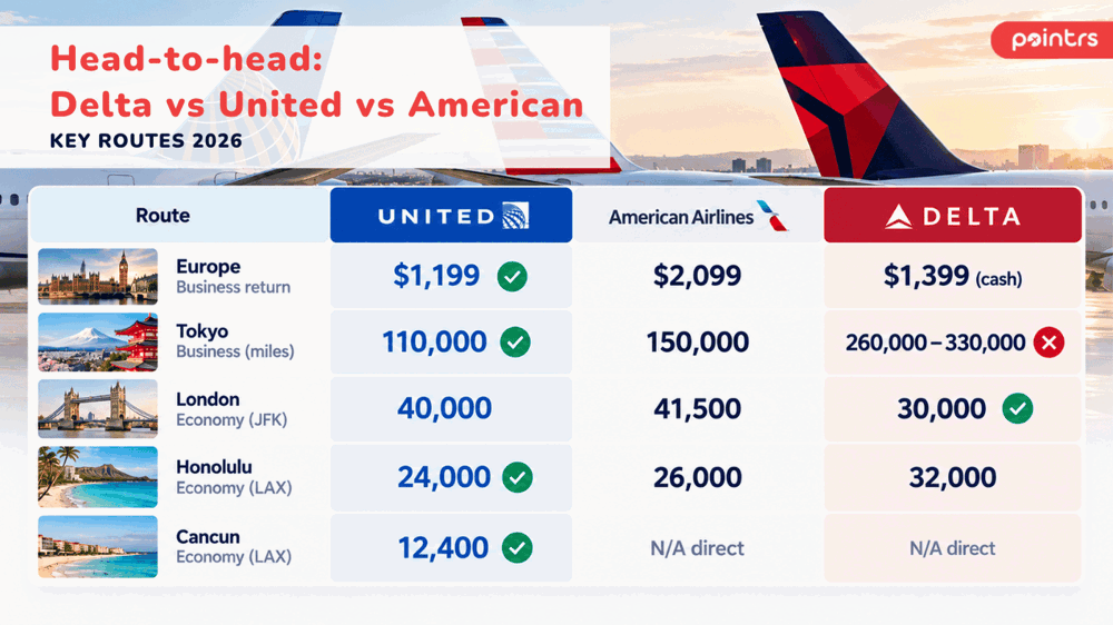 Head-to-head: Delta vs United vs American key routes 2026