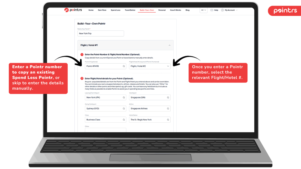 Entering a Pointr # to pre-fill the details