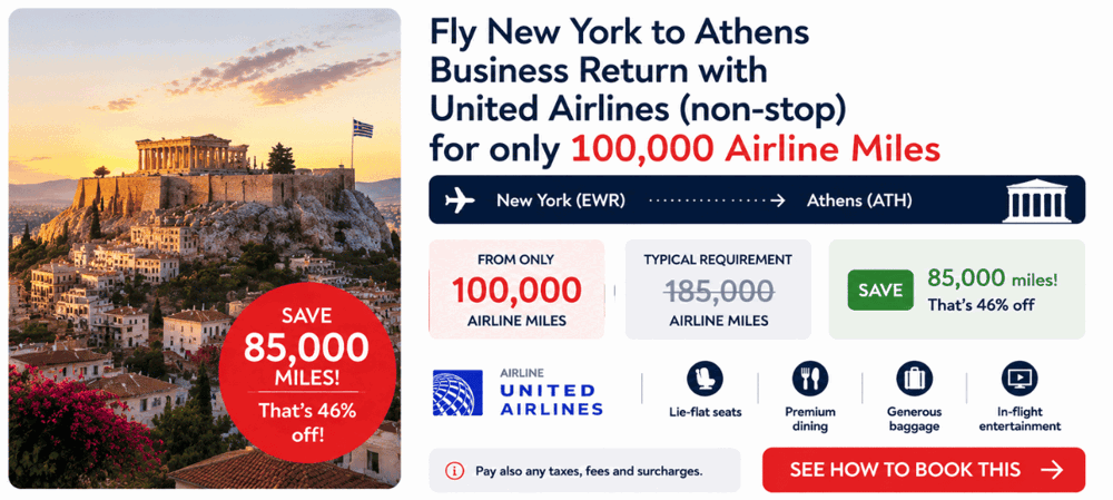 New York to Athens — Business Class return — save 85,000 miles