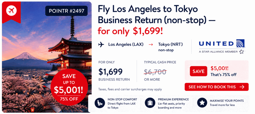 Los Angeles to Tokyo — Business Class return (From $1,699 via miles — Save up to $5,001)