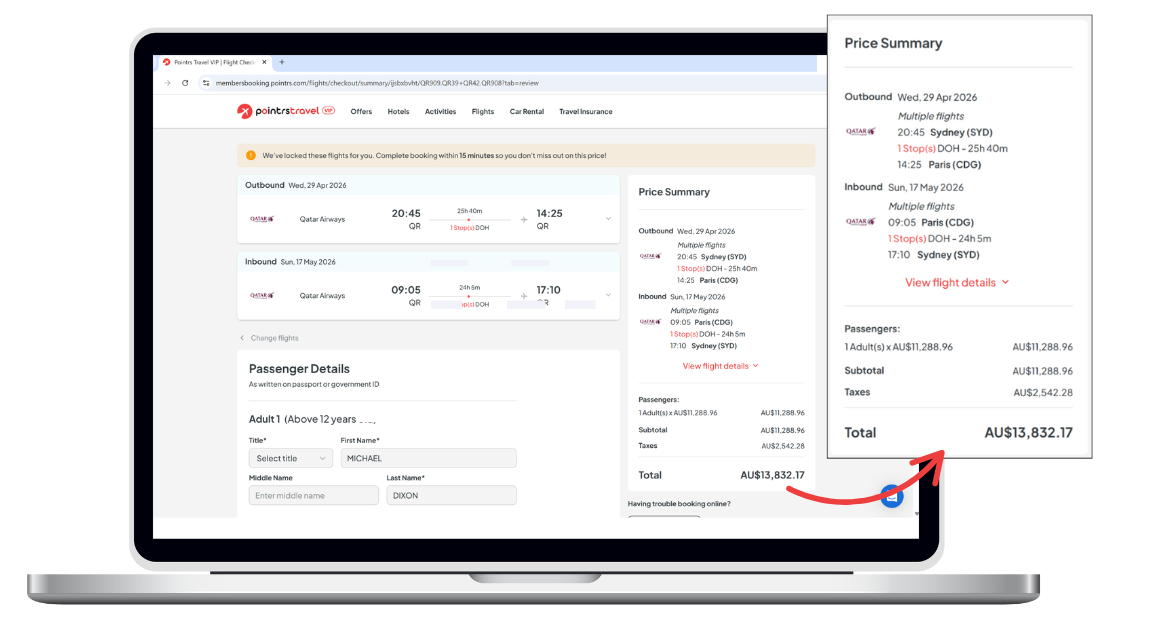 Pointrs Travel Sydney to Paris Business Class Price Summary