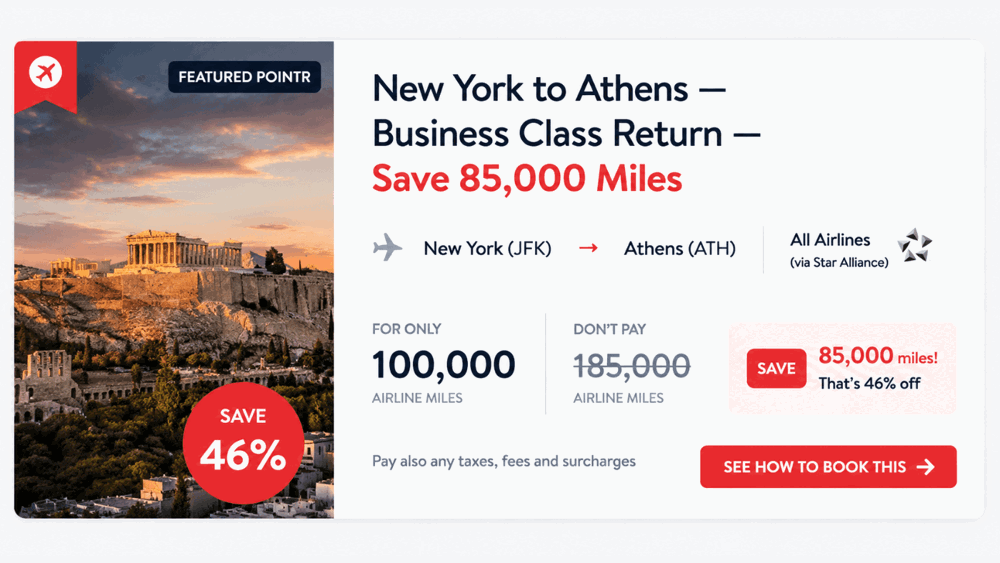 New York to Athens — Business Class Return — Save 85,000 Miles