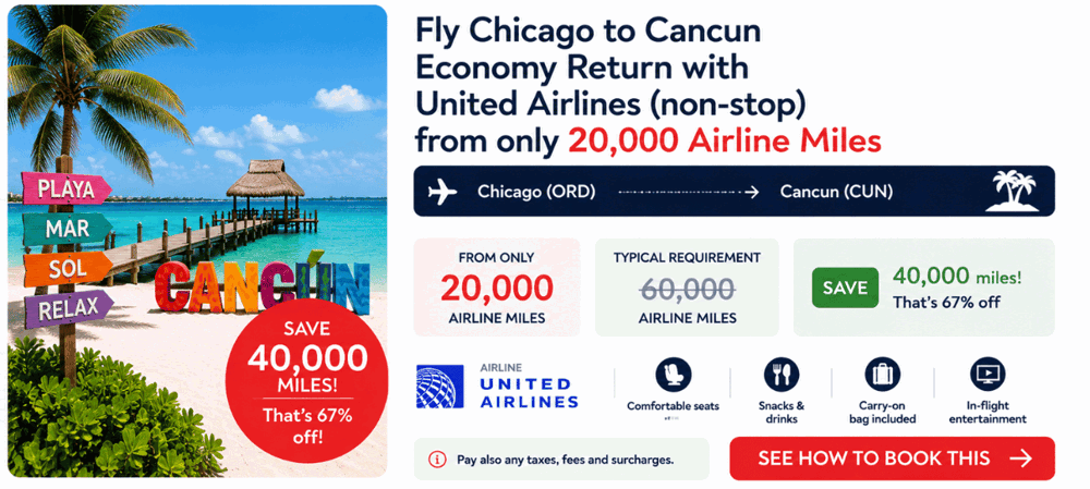 Chicago to Cancun — Economy return — save 40,000 miles