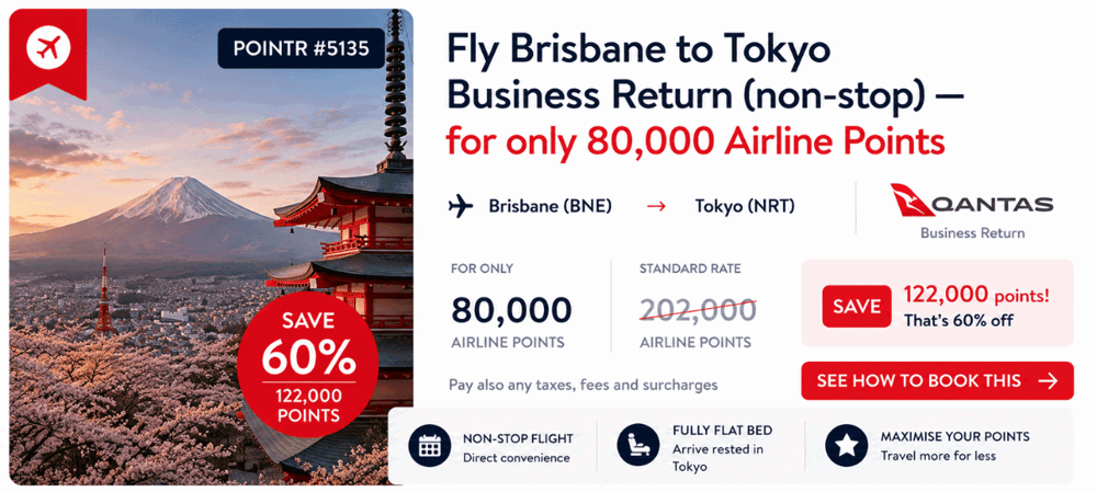 Fly Brisbane to Tokyo Business Return with Qantas (non-stop) for only 80,000 Airline Points - Save 122,000 points!